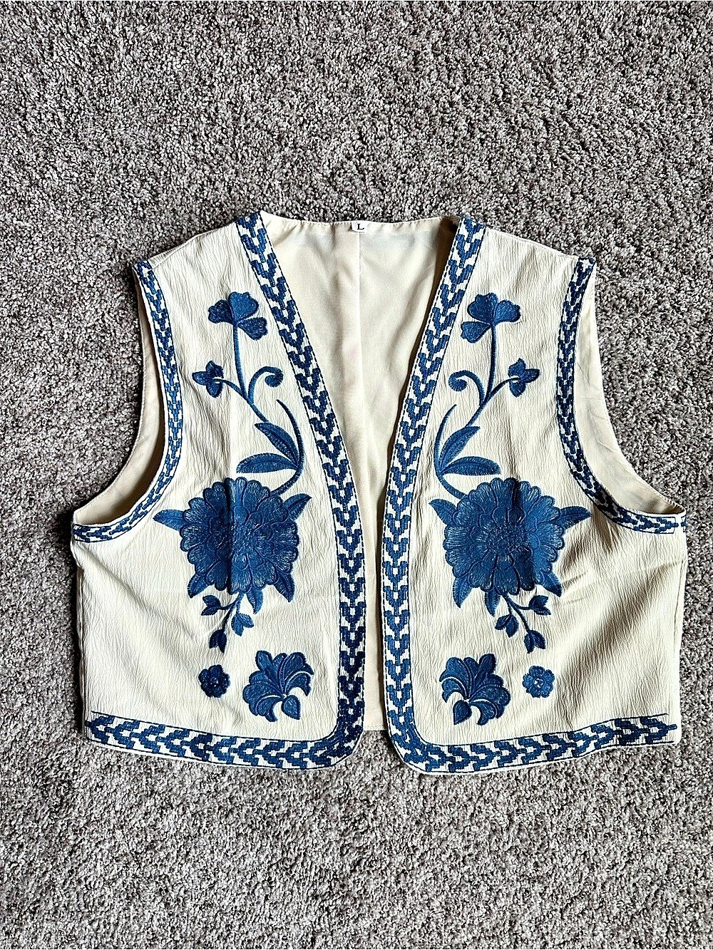 Blue Floral Embroidered Cropped Vest L | Modern Folk Boho Layering Like New!!